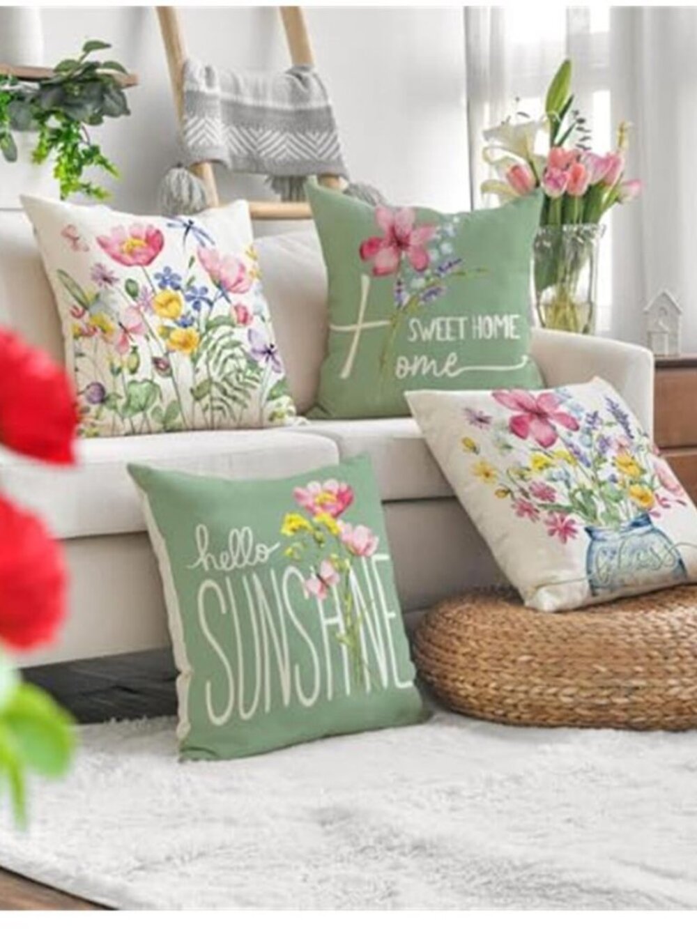 Summer Garden Floral 18x18 Wildflower-green Pillow Covers Set 4 - Picture 5 of 5